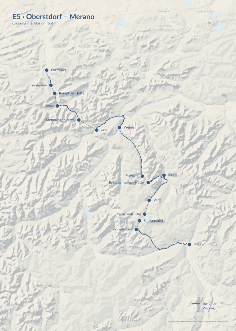 E5 hiking map from Oberstdorf to Merano with terrain