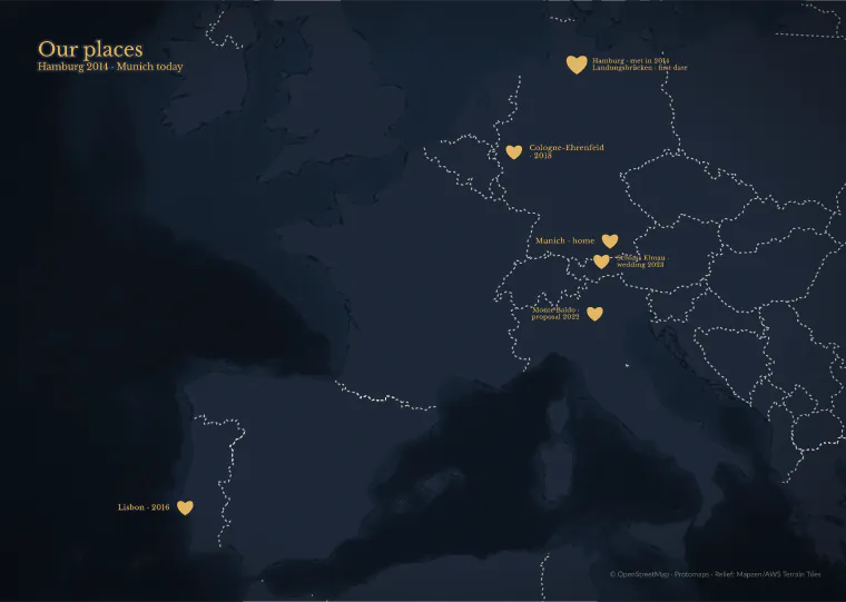 Personal map with heart markers from Hamburg to Munich in the Night design