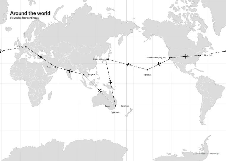 Trip around the world from Frankfurt via Asia, Australia and America in the Minimal design