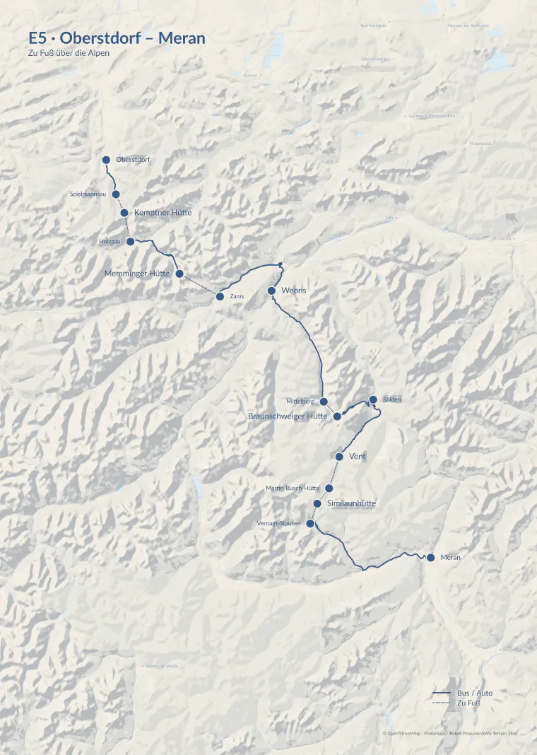 Wanderkarte E5 von Oberstdorf nach Meran mit Relief