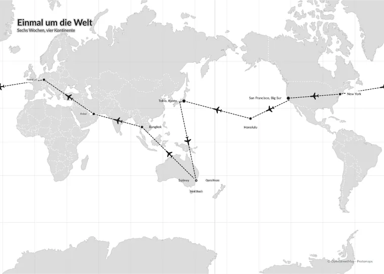 Weltreise von Frankfurt über Asien, Australien und Amerika im Design Minimal