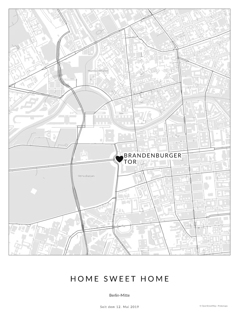 Stadtposter Berlin-Mitte mit Herz am Brandenburger Tor im Design Stadtplan